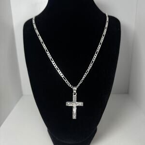 925 Sterling Silver Crucifix Cross Pendant Necklace 22 Inch Figaro Chain 13.7g
